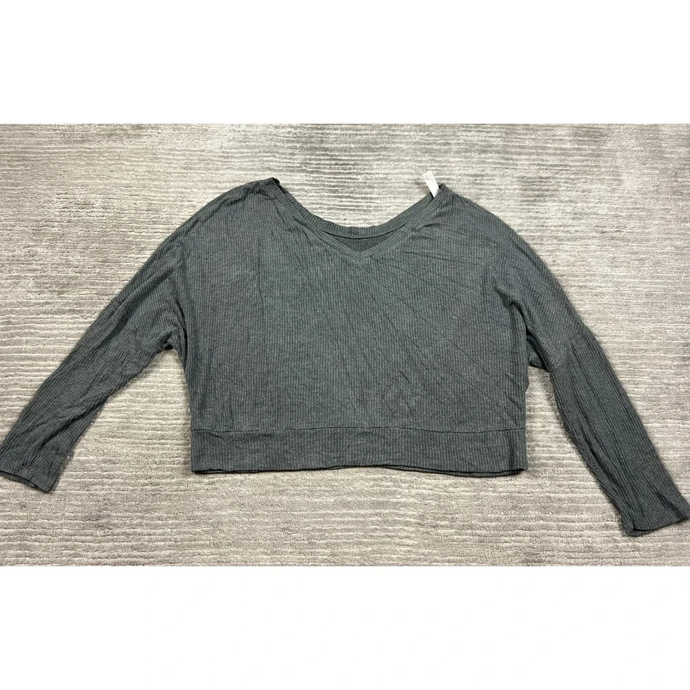 Auden Sleep Top Womens L Gray Ribbed Knit Long Sleeve V-Neck Relaxed Cropped